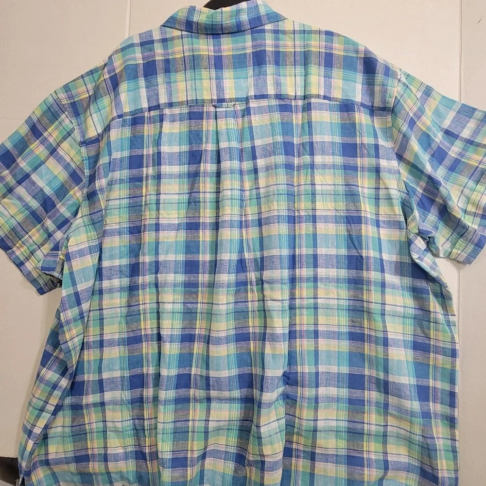 NEW Izod Mens 4XB Madras Woven Florida Key S/S Button Down Multi Plaid Linen Ble